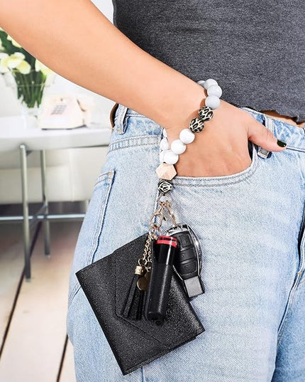 Weewooday Wristlet Bracelet Keychain Wallet Gift for Women Christmas Small Silicone Beaded Keyring Purse Leather Card Holder(Black)