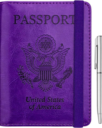WALNEW Passport Holder for Travel, RFID Passport Cover Wallet for Women Men, PU Leather Passport Book Card Holder Case with Pen (Elastic Band Closure, A-Purple)