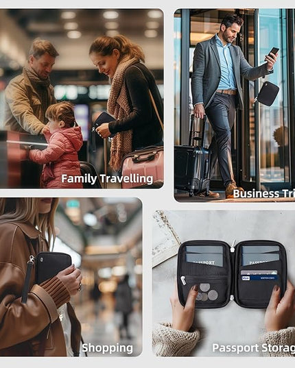 WALNEW Passport Holder Family for 4, RFID Blocking Travel Wallet Women Men, Lightweight Zipper Document Organizer Pouch Bag Credit Cards Case Cover for Travelling, Black | Family for 4, RFID Blocking, Lightweight, Zipper, Document Organizer, Pouch Bag