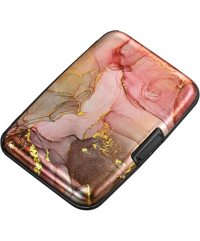 ELFISH Mini RFID Aluminum Wallet Credit Cards Holder Business Card Case Metal ID Case for Men Women（Pink Grey Marble
