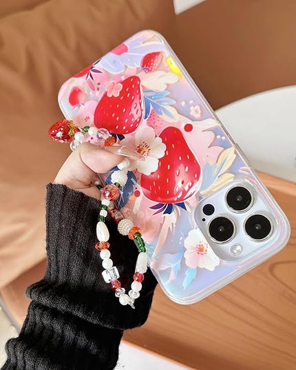 Compatible with iPhone 15 Pro Case, Strawberry Pattern Luxury Magnetic Case[Compatible with MagSafe][with Beads Wrist Strap Bracelet Chain and Glitter Bling Back] for Women and Cute Girly