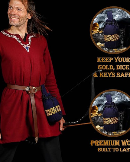 Mythrojan Drawstring Belt Pouch Renaissance Costume Accessories Medieval Woolen Celtic Embroidery Bag Jewelry Pouch Coin Purse for LARP, Festivals, Renfaire, Reenactments - Navy Blue, 8" x 6.5"