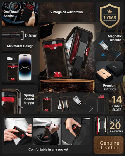 typecase Smart Wallet Card Holder for Men: Pop Up Card Case, Full Grain Leather, RFID Blocking, Slim, Minimalist, Thin, Front Pocket - 13 Card Capacitiy, ID Window, Cash Strap (‎‏‏‎ Burnished Black)
