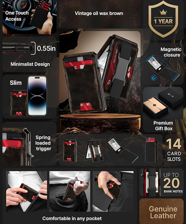 typecase Smart Wallet Card Holder for Men: Pop Up Card Case, Full Grain Leather, RFID Blocking, Slim, Minimalist, Thin, Front Pocket - 13 Card Capacitiy, ID Window, Cash Strap (‎‏‏‎ Burnished Black)