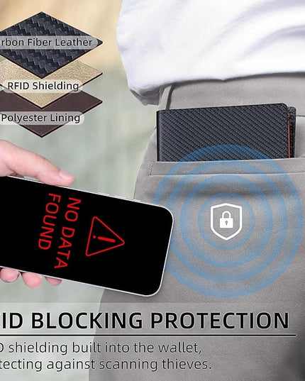 VISOUL Mens Bifold Wallet with 2 ID Windows Carbon Fiber Leather, RFID Blocking Secure Designer Billfold Wallets for Men with Two Cash Compartments (Black+Orange Red)