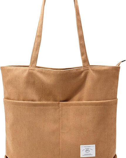 KALIDI Women Corduroy Tote Bag Zipper Casual Tote's Handbag Big Capacity Shoulder Bag with Pockets