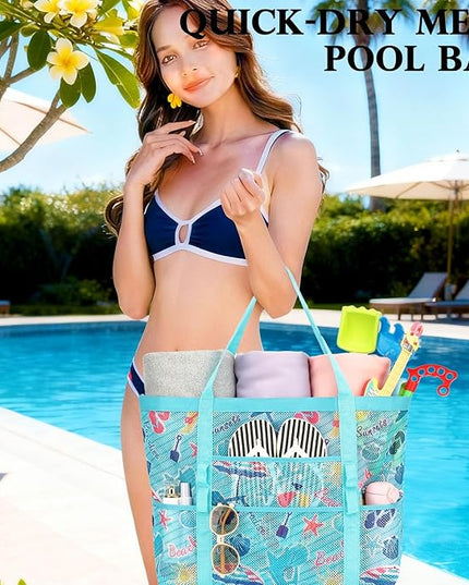 Mesh Beach Bag, Large Beach Tote with Zipper Pocket, Toys Pool Bag for Family Travel Vacation Cruise Essentials