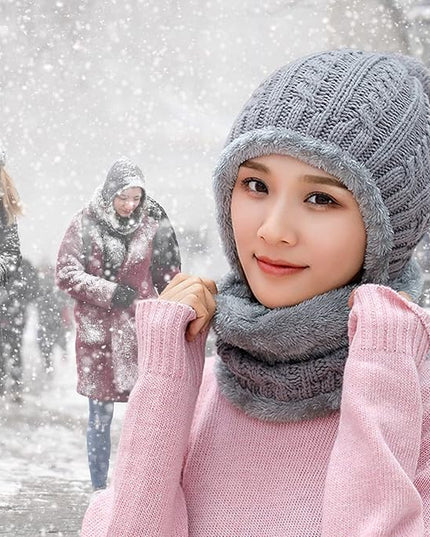 HUAMULAN Women Winter Beanie Hats One Piece Fleece Lined Knit Balaclavas Mask Set Skull Neck Circle Scarf Ski Snow Hat Pompom