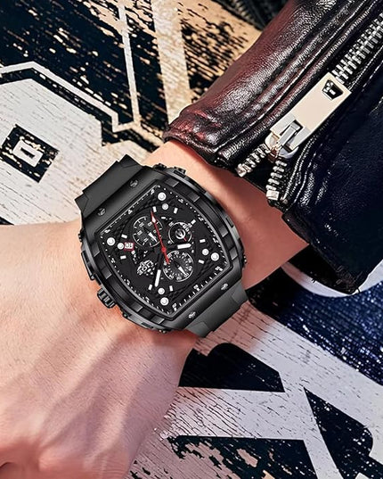 Mens Watches,Unique Rectangular Quartz Analog Watch,Outdoor Sports Multi-Function Watch,Chronograph/Waterproof/Luminous/Calendar,Durable Silicone Strap Mens Casual Watches