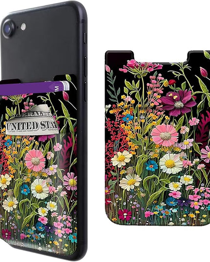 Rossy Cell Phone Wallet Adhesive Card Holder Stick on Wallet Pocket Lycra Credit Card ID Case With Wildflowers Stylish Pattern for Back of Phone for All Smartphones