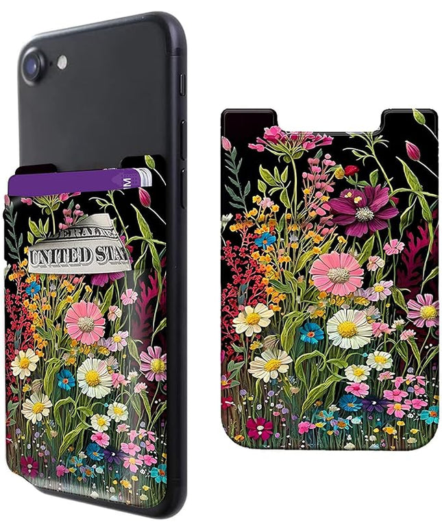 Rossy Cell Phone Wallet Adhesive Card Holder Stick on Wallet Pocket Lycra Credit Card ID Case With Wildflowers Stylish Pattern for Back of Phone for All Smartphones