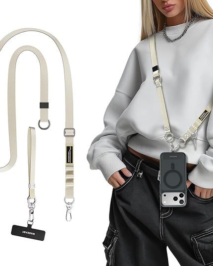 MAGEASY 2-IN-1 Cell Phone Lanyard Crossbody + Wrist Strap Detachable, Built-in Phone Tether Tab & Keychain Compatible with iPhone Most Smartphones | Click and Go Strap for Daily Travel (Starlight)