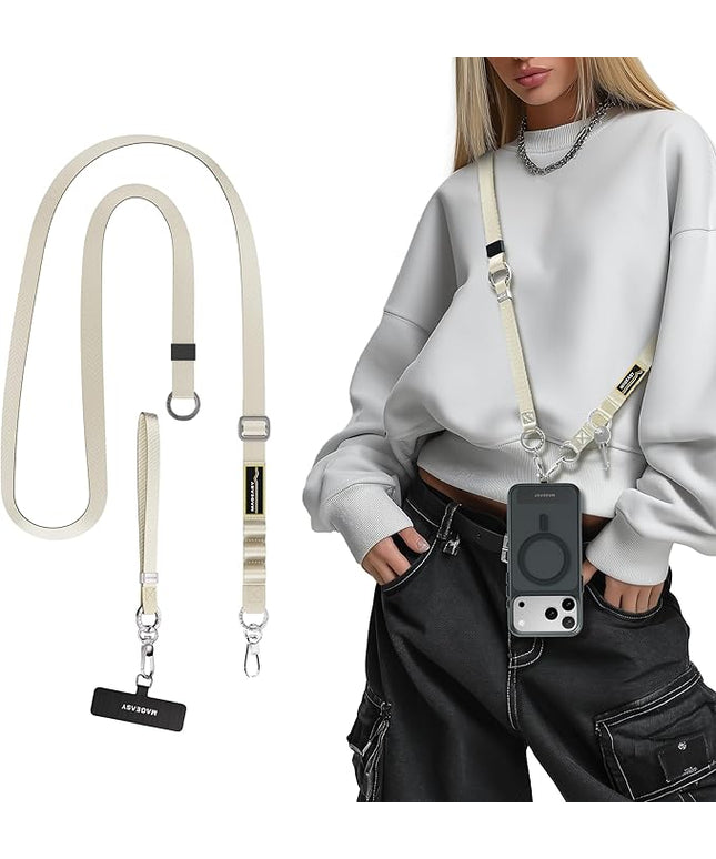 MAGEASY 2-IN-1 Cell Phone Lanyard Crossbody + Wrist Strap Detachable, Built-in Phone Tether Tab & Keychain Compatible with iPhone Most Smartphones | Click and Go Strap for Daily Travel (Starlight)