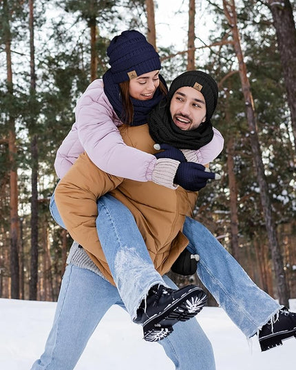 Winter Beanie Hat Scarf Gloves, Warm Fleece Knit Hats Touch Screen Gloves Neck Scarf Set Winter Gifts for Unisex Adult