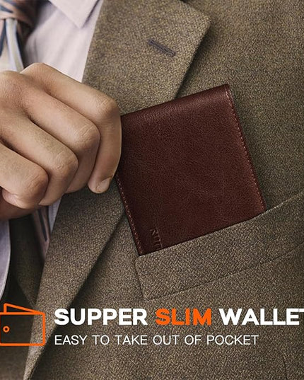RUNBOX Wallet for Men Slim Leather Bifold RFID Blocking Minimalist Front Pocket Design with Gift Box