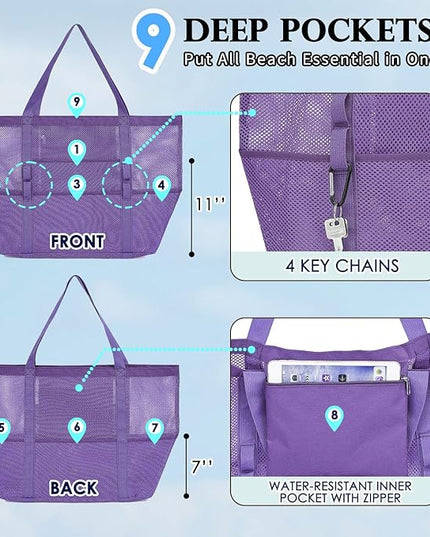 Mesh Beach Bag, Large Beach Tote with Zipper Pocket, Toys Pool Bag for Family Travel Vacation Cruise Essentials