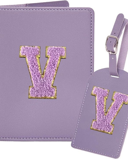 ULICO Initial Passport Cover and Luggage Tag Set,PU Leather Letter Passport Case Holder Travel Suitcase Tag, Personalized Travel Luggage Accessories Gifts for Women Kids Teenage Purple V