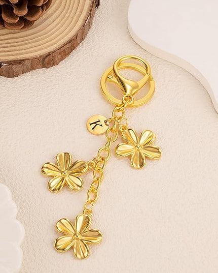 XGALBLA Gold/Silver Initial Keychain Flower Charms for Key Cute Letter Keyring for Purse Handbag Backpack