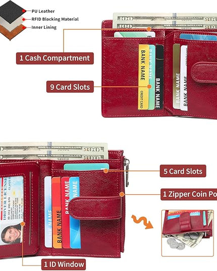 GAEKEAO Womens Wallet Small Leather RFID Blocking Bifold Zipper Pocket Wallet Card Case Purse with ID Window