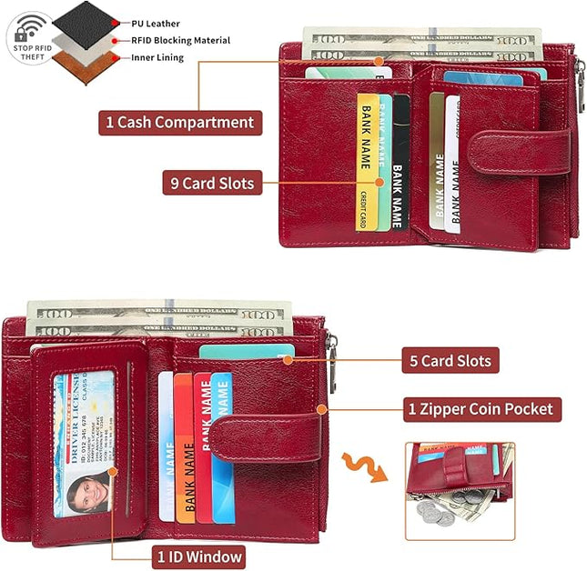 GAEKEAO Womens Wallet Small Leather RFID Blocking Bifold Zipper Pocket Wallet Card Case Purse with ID Window