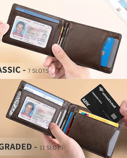 RUNBOX Slim Wallet for Men Genuine Leather RFID Blocking Bifold Minimalist Front Pocket Mens Wallet with Money Clip Thin Gift Box