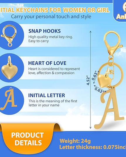 A-Z Heart Initial Letter Keychain, Stainless Steel Alphabet Charm for Handbags, Gift for Women and Girls