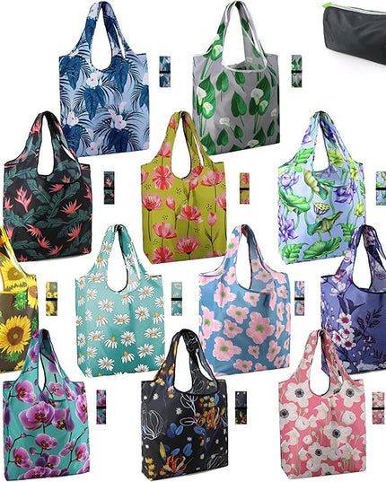 BeeGreen 12 Packs Flower Reusable Grocery Bags Reusable Tote Bags Extra Large 50LBS Cute Floral Design Foldable Reusable Bags for Women Men Lightweight Durable