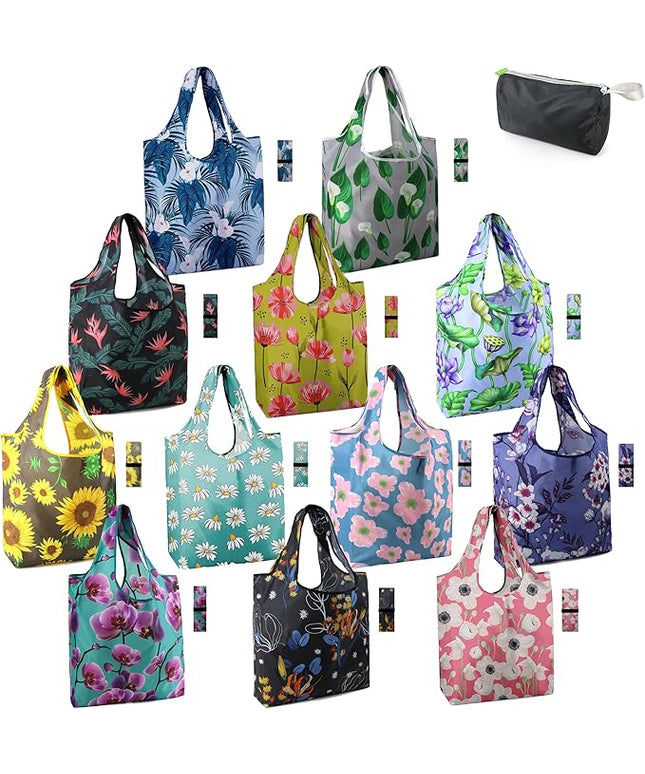 BeeGreen 12 Packs Flower Reusable Grocery Bags Reusable Tote Bags Extra Large 50LBS Cute Floral Design Foldable Reusable Bags for Women Men Lightweight Durable