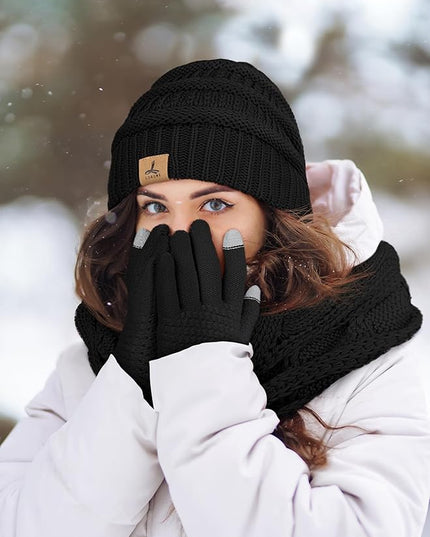 Winter Beanie Hat Scarf Gloves, Warm Fleece Knit Hats Touch Screen Gloves Neck Scarf Set Winter Gifts for Unisex Adult