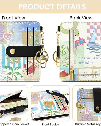 Sodsay Small Slim Wallet Women RFID Blocking, PU Leather Bifold Ladies Wallet with Zipper Coin Pocket, Thin Cute Travel Card Wallets for Girls, Blue Seaside Breeze