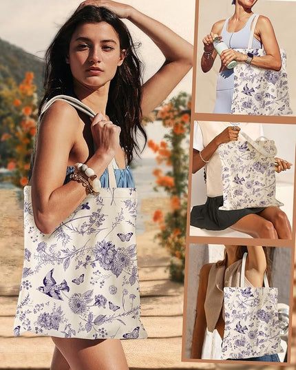 Aesthetic Canvas Tote Bag for Women - Sturdy Cloth Cotton Totes Bag with Pattern Shoulder Bag