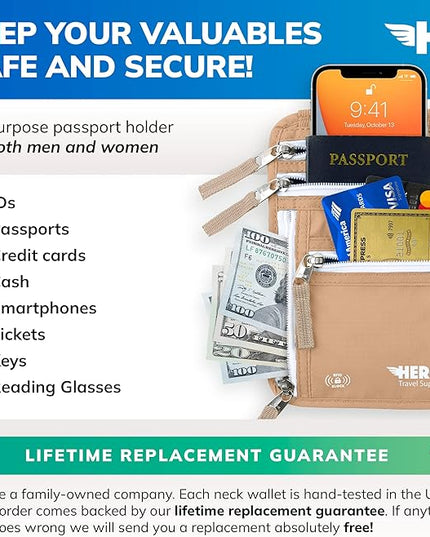 HERO Neck Wallet - RFID Blocking Passport Holder, Easy to Conceal and Pouch