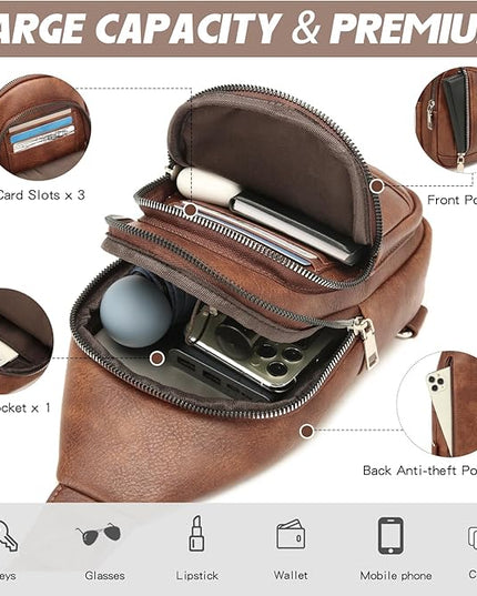 Sling Bag Crossbody Backpack - 2 in 1 Leather Cross Body Bag Fanny Pack with 2 Removable Straps