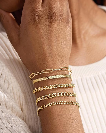 Gold Bracelets Set for Women Stack, Dainty Thick Bracelets Stack for Women Trendy, Simple Thin Gold Plated Cuff Stackable Bracelets With Beaded Cuban Paperclip Snake Rope Bangle Hand Chain Jewelry Gifts for Women Non Tainish
