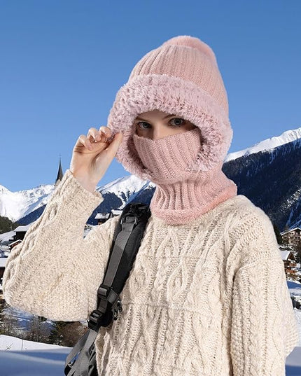 HUAMULAN Women Winter Beanie Hats One Piece Fleece Lined Knit Balaclavas Mask Set Skull Neck Circle Scarf Ski Snow Hat Pompom