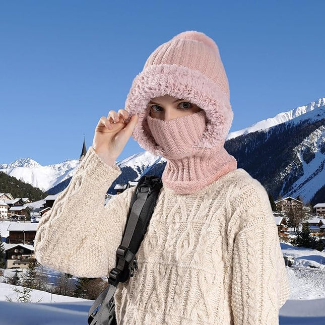 HUAMULAN Women Winter Beanie Hats One Piece Fleece Lined Knit Balaclavas Mask Set Skull Neck Circle Scarf Ski Snow Hat Pompom