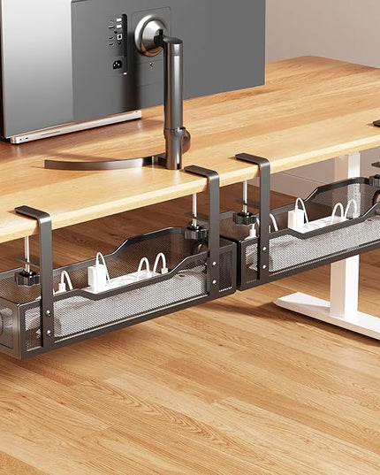 [Upgraded] 2 Pack Under Desk Cable Management Tray, Cinati Cord Organizers for Table Thickness up to 3", 16" Wire Organization with Clamp No Drill, Cable Management Box for Office - No Damage to Desk