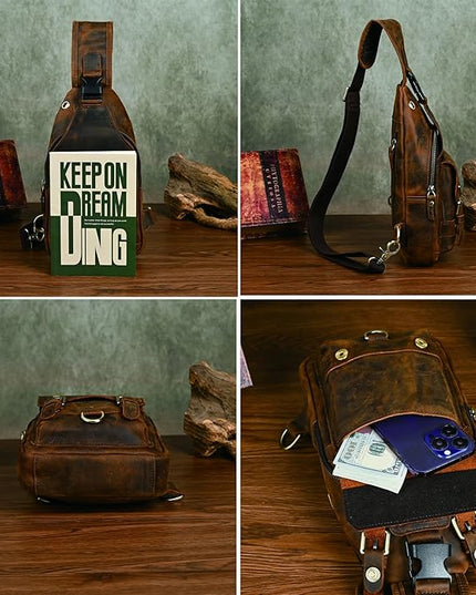 Genuine Leather Hiking Travel DayPack Sling Crossbody Triangle Chest Pack Bag For Men Women 8241