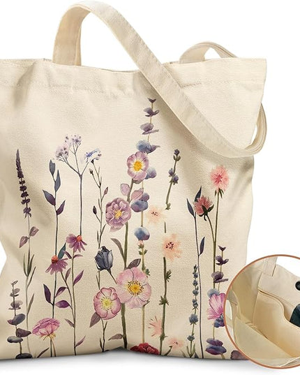 Aesthetic Tote Bag for Girls - with Magnetic Buckle and Zipper Inner Pocket for Women Lady Canvas Cotton Tote Bag