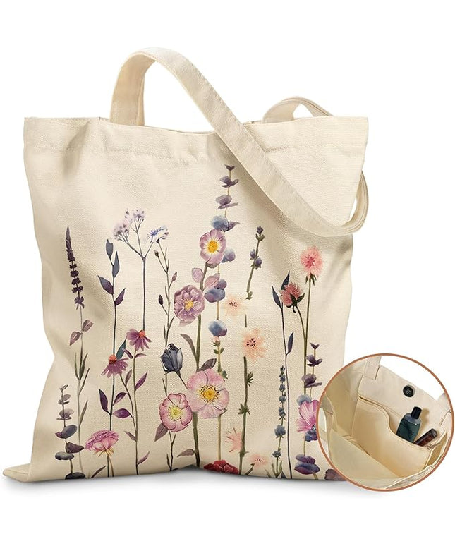 Aesthetic Tote Bag for Girls - with Magnetic Buckle and Zipper Inner Pocket for Women Lady Canvas Cotton Tote Bag