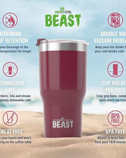 Beast 40 oz Tumbler Stainless Steel Vacuum Insulated Coffee Ice Cup Double Wall Travel Flask (Cranberry Red)