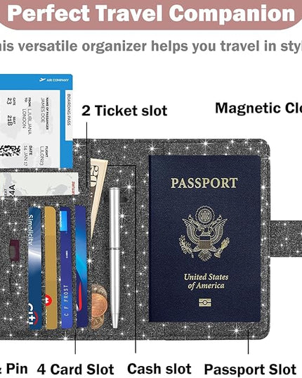 HOTCOOL Passport Holder Travel Essentials Airplane & Cruise Essentials Ship Leather Wallet Cover Case RFID Blocking Women & Men Vacation Travel Accessories Gifts Deals, Glitter - Black