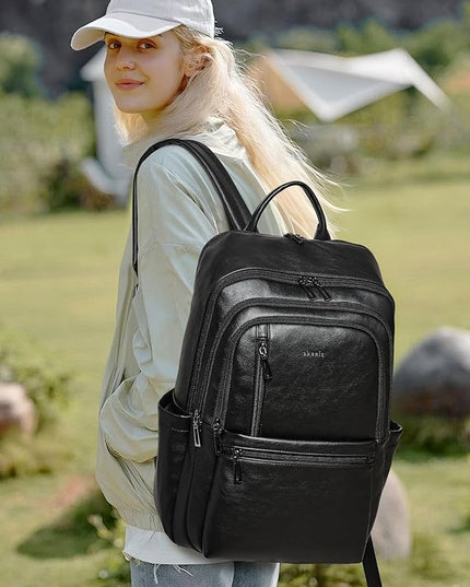 Shrrie Leather Laptop Backpack for Women, 17 inch Large Travel Laptop Backpack Purse for Casual Daypack College Work Bag