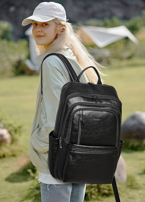 Shrrie Leather Laptop Backpack for Women, 17 inch Large Travel Laptop Backpack Purse for Casual Daypack College Work Bag
