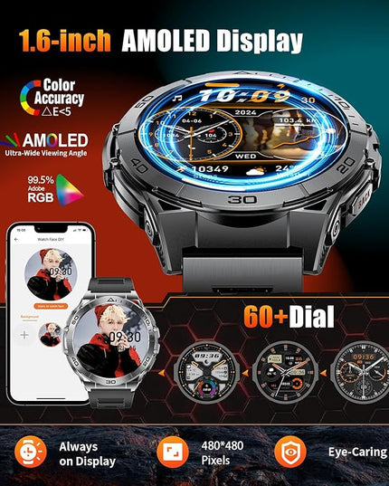 SUNKTA Military Smart Watch for Men,600mAh Battery/1.6" AMOLED Screen/5ATM Waterproof Smartwatches (Answer/Dial Calls) Fitness Tracker with Sleep Tracking/Heart Rate/Blood Oxygen for Android/iOS