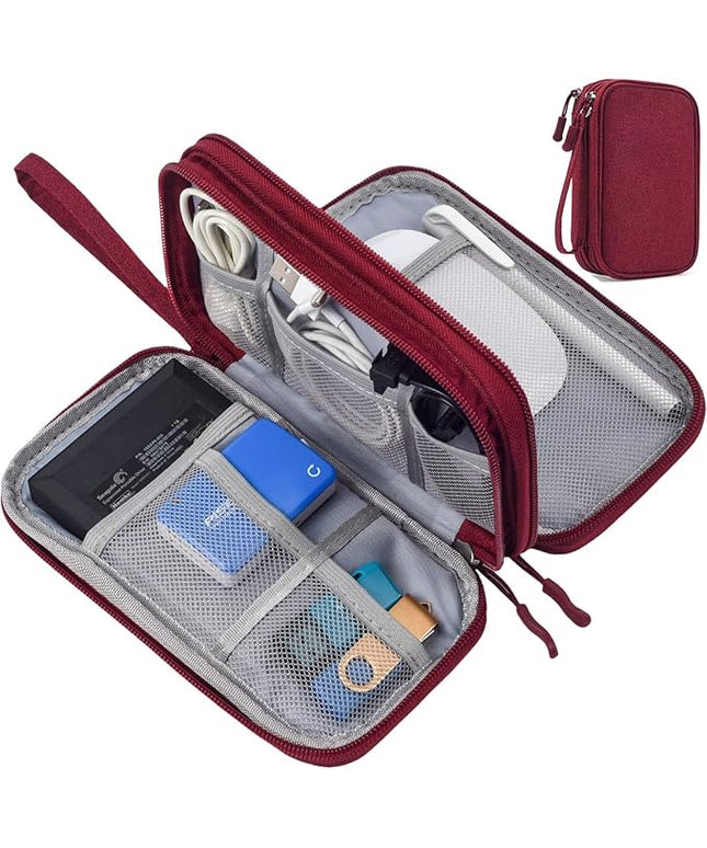 Electronics Accessories Organizer Pouch Bag, Travel Universal Organizer for Cable, Charger, Phone, SD Card, Business Travel Gadget Bag (Wine Red)