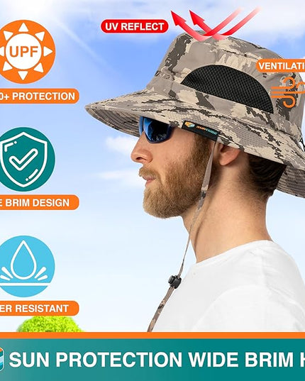 SUN CUBE Wide Brim Sun Hat Men Women, Fishing Hats Sun UV Protection, Mens Hiking Bucket Hat Safari Beach Boonie, UPF 50+