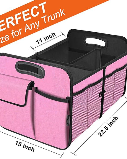 Trunk Organizer, Collapsible Trunk Organizers and Storage, Car Accessories for Women and Men, Multi-Compartment Trunk Storage Organizer for SUV, Car, Mini-Van, Pink