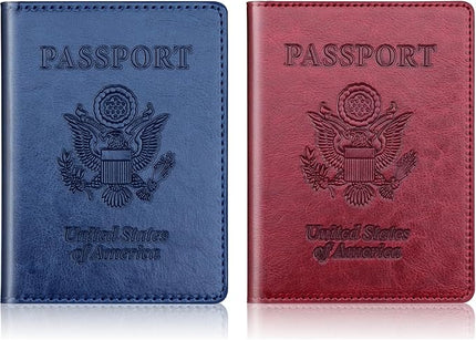 Herain Passport Holder 2Pcs, Passport Cover Wallet Case for Women Men Family, Passports Book Holders Travel Must Haves Cruise Ship Essentials (Dark Blue & Wine red)