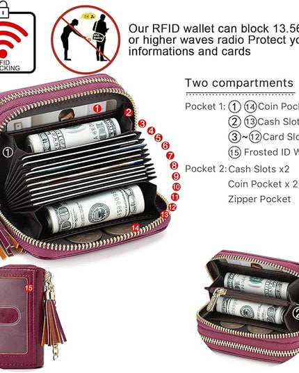 APHISON RFID Credit Card Holder Zipper Card Case Keychain Small Wallet for Women 1942-2 PURPLISH-RED